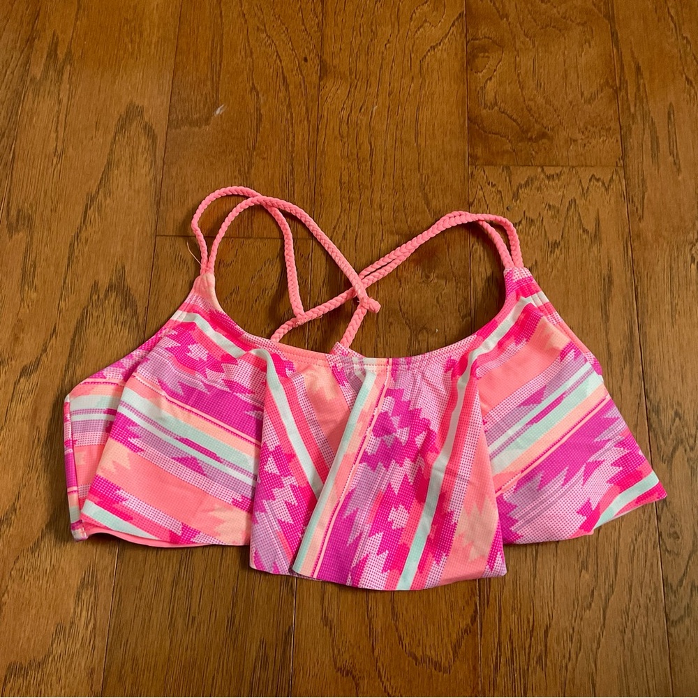 Arizona Pink Geometric Print Strappy Tie Back Swim Top Size L Juniors Pool Beach